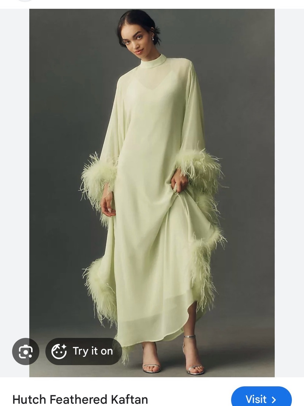 SOLD OUT Anthropologie Pale Green Feather-Trim Kaftan